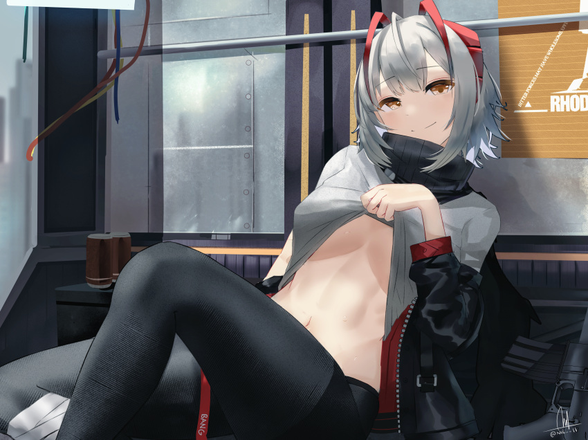 1girl absurdres arknights bangs black_jacket black_legwear breasts brown_eyes eyebrows_visible_through_hair grey_shirt gun highres horns huge_filesize jacket knee_up lift lifted_by_self long_sleeves looking_at_viewer medium_breasts navel nvl off_shoulder open_clothes open_jacket pantyhose red_eyes scarf shirt short_hair silver_hair sitting smile solo stomach w_(arknights) weapon