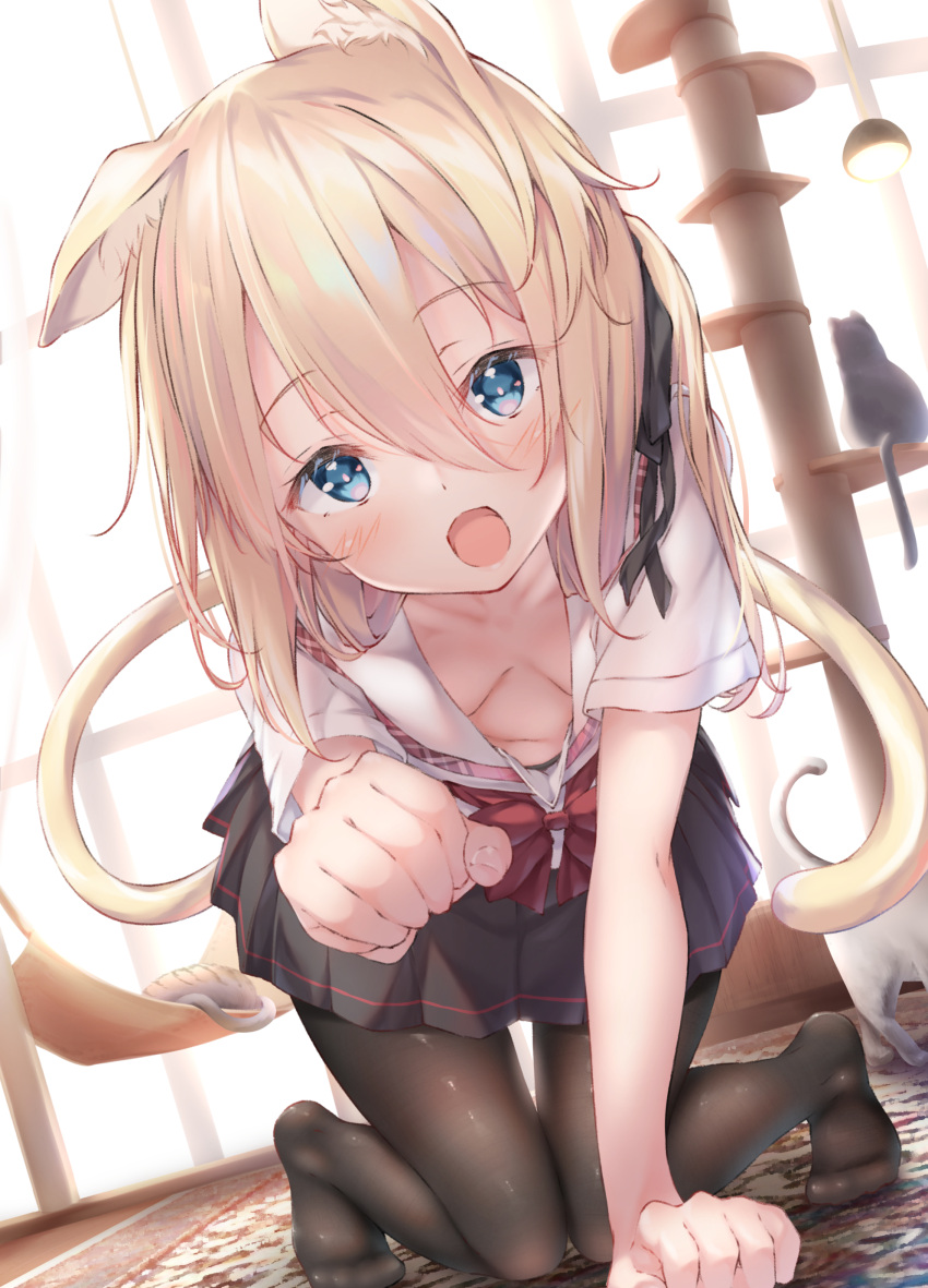 1girl :d absurdres all_fours animal_ears arm_support bangs black_legwear black_ribbon black_skirt blonde_hair blue_eyes breasts cat cat_ears cat_girl cat_tail cat_tower eyebrows_visible_through_hair feet hair_between_eyes hair_ribbon hammock highres indoors knees_together_feet_apart long_hair looking_at_viewer no_shoes one_side_up open_mouth original outstretched_arm pantyhose perspective pleated_skirt ribbon school_uniform shirt skirt small_breasts smile tail ukiwakisen white_shirt