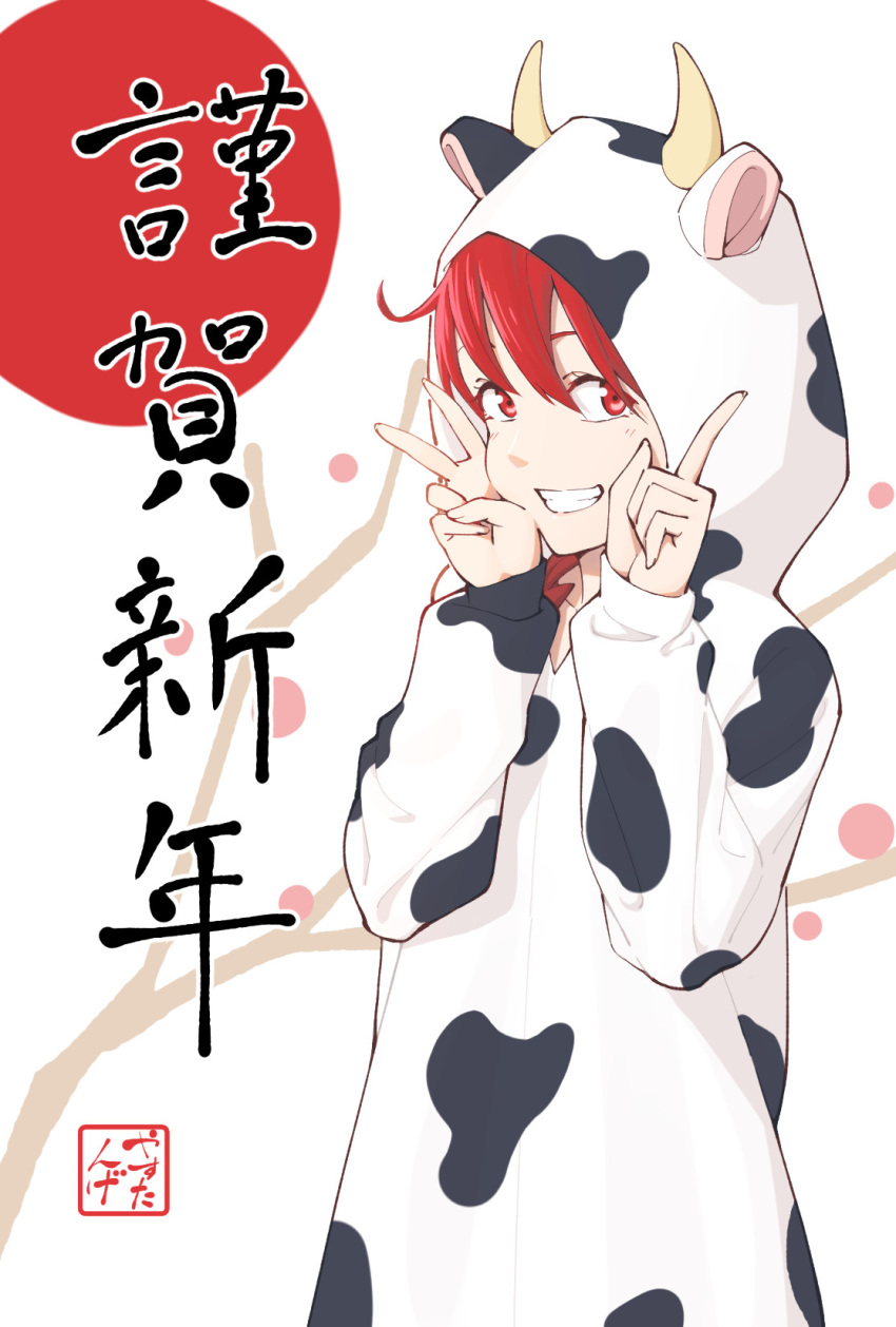 1girl animal_costume animal_ears animal_print branch chinese_zodiac commentary cow_costume cow_ears cow_hood cow_horns cow_print grin happy_new_year highres hood hood_up horns index_finger_raised kasane_teto looking_at_viewer nengajou new_year red_eyes red_sun redhead smile solo stamp_mark translated tree utau v white_background yasutange year_of_the_ox