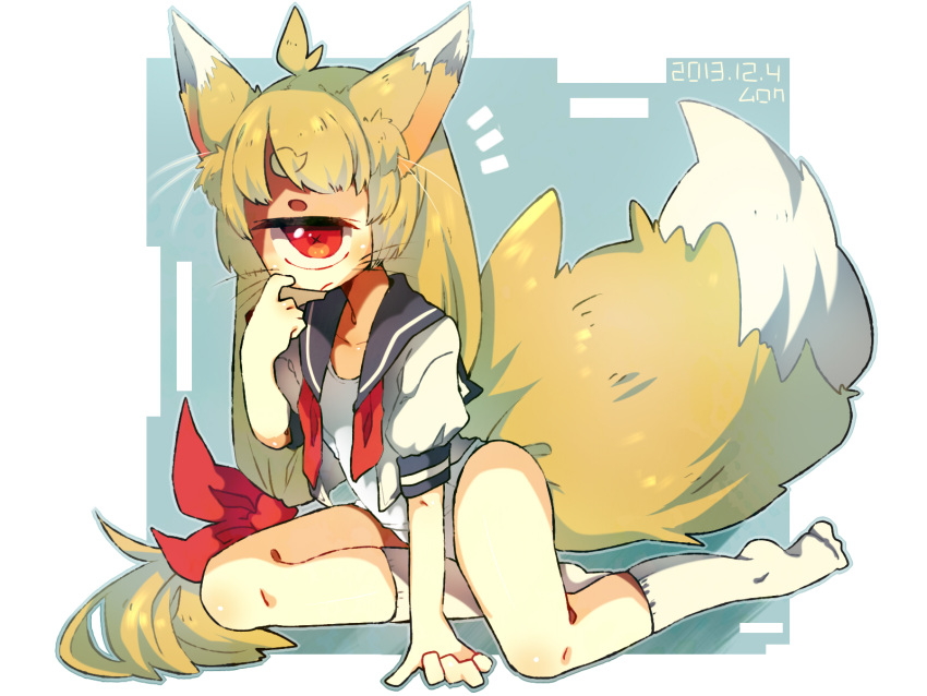 1girl ahoge animal_ears arm_support blonde_hair bow closed_mouth cyclops dated eyebrows_visible_through_hair fox_ears fox_tail grey_sailor_collar hair_bow hand_up highres long_hair looking_at_viewer low-tied_long_hair muroku_(aimichiyo0526) one-eyed one-piece_swimsuit open_clothes open_shirt original puffy_short_sleeves puffy_sleeves red_eyes red_neckwear sailor_collar school_swimsuit school_uniform serafuku short_sleeves signature sitting socks solo swimsuit tail undone_neckerchief very_long_hair whiskers white_legwear white_swimsuit x_x