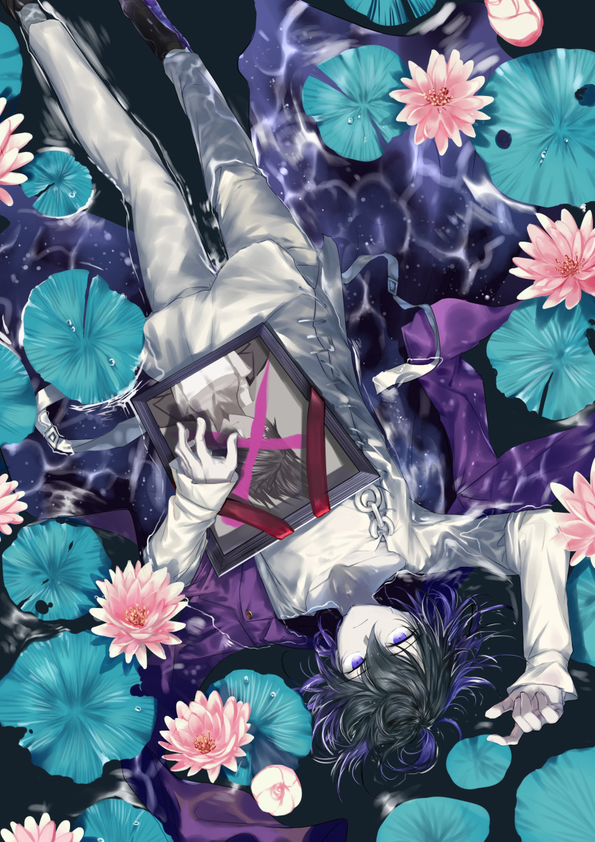 1boy absurdres arm_up bangs black_footwear black_hair closed_mouth commentary_request cross dangan_ronpa_(series) dangan_ronpa_v3:_killing_harmony flower from_above full_body gloves hair_between_eyes highres holding iei jacket lily_pad long_sleeves looking_at_viewer lying male_focus multicolored_hair on_back on_water ouma_kokichi pants pink_blood pink_jacket purple_hair qianhai ripples shirt shoes solo spoilers upside-down violet_eyes water wet wet_clothes white_jacket white_pants