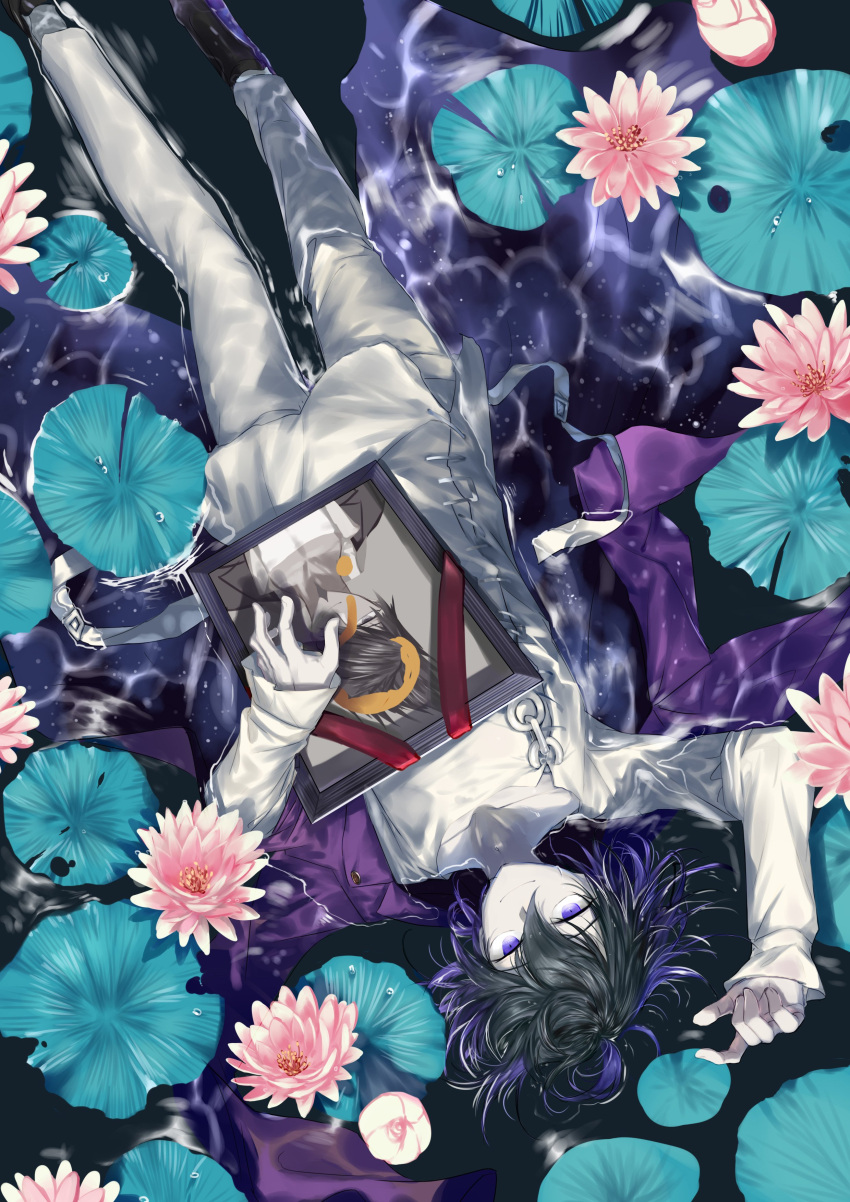 1boy ? absurdres arm_up bangs black_footwear black_hair closed_mouth commentary_request dangan_ronpa_(series) dangan_ronpa_v3:_killing_harmony flower from_above full_body gloves hair_between_eyes highres holding iei jacket lily_pad long_sleeves looking_at_viewer lying male_focus multicolored_hair on_back on_water ouma_kokichi pants pink_jacket purple_hair qianhai ripples shirt shoes solo spoilers upside-down violet_eyes water wet wet_clothes white_jacket white_pants