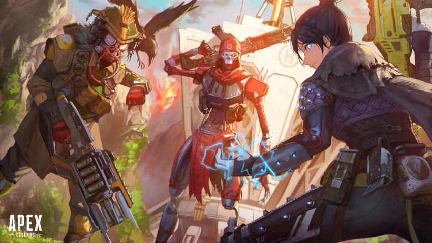 1boy 1girl 1other apex_legends bird black_hair bloodhound_(apex_legends) blue_eyes bodysuit charge_rifle clenched_hand copyright_name crow electricity explosion gloves glowing glowing_eye glowing_eyes grey_gloves gun hair_behind_ear hair_bun highres holding holding_gun holding_weapon humanoid_robot logo looking_back looking_down mask open_hand red_gloves revenant_(apex_legends) weapon wraith_(apex_legends) yellow_eyes zonotaida