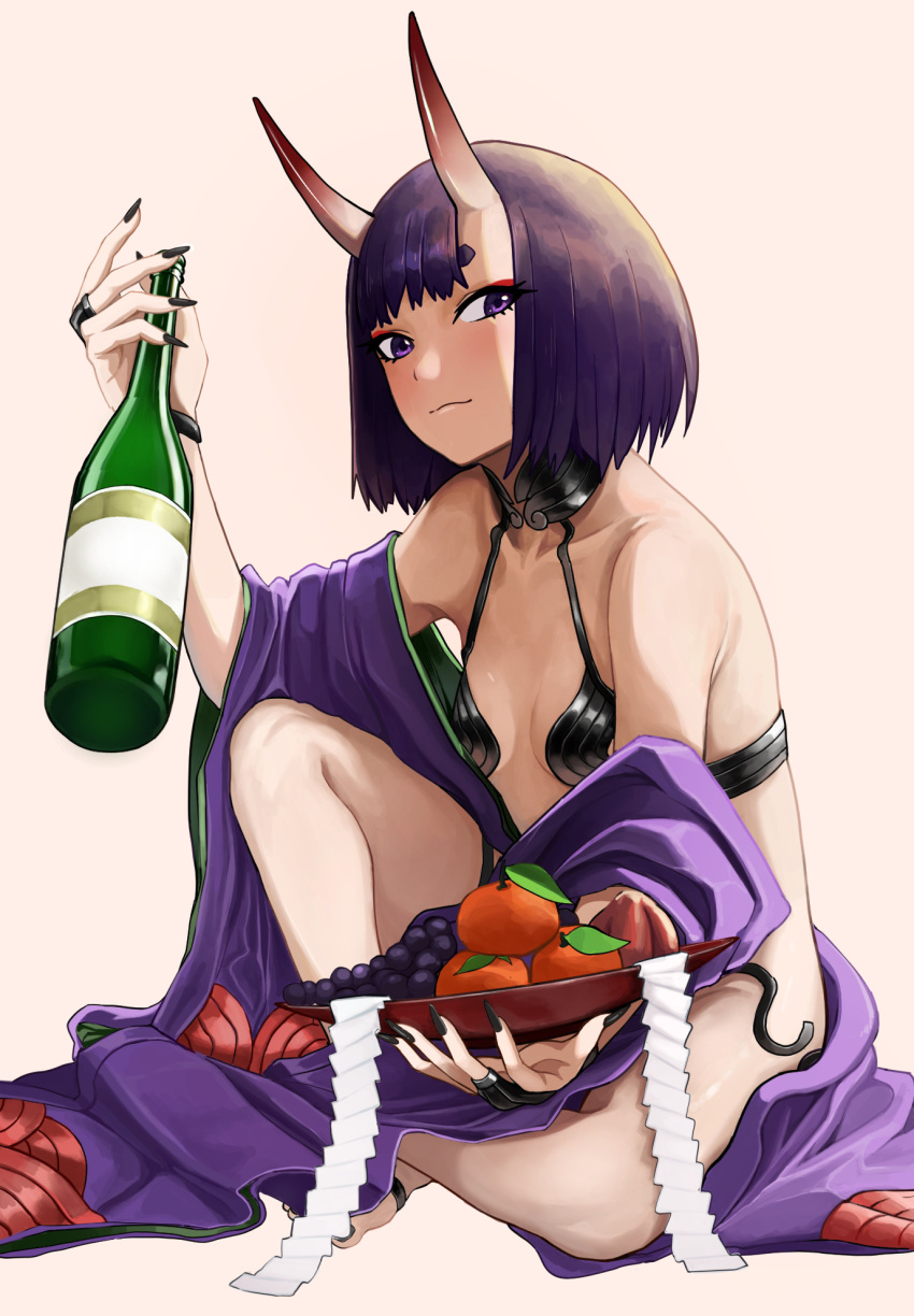 1girl bangs bare_shoulders blush bob_cut bottle breasts bridal_gauntlets collarbone eyeliner fate/grand_order fate_(series) food fruit fruit_bowl headpiece highres horns japanese_clothes kimono long_sleeves looking_at_viewer makeup off_shoulder oni oni_horns open_clothes open_kimono purple_hair purple_kimono revealing_clothes sailen0 sake_bottle short_hair shuten_douji_(fate/grand_order) sitting skin-covered_horns small_breasts smile violet_eyes wide_sleeves