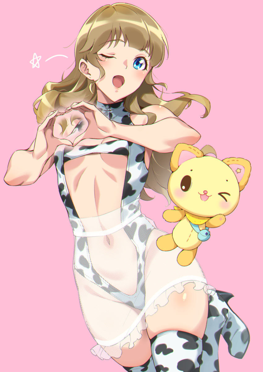 &gt;_o 1girl ;d alternate_costume animal_print blue_eyes blush boots brown_hair cow_print eyebrows_visible_through_hair heart heart_hands highres long_hair looking_at_viewer mewkledreamy navel one_eye_closed open_mouth peko_(mewkledreamy) pink_background sheer_clothes simple_background smile star_(symbol) sugarbeat symbol_commentary thigh-highs thigh_boots tsukishima_maira white_background white_footwear