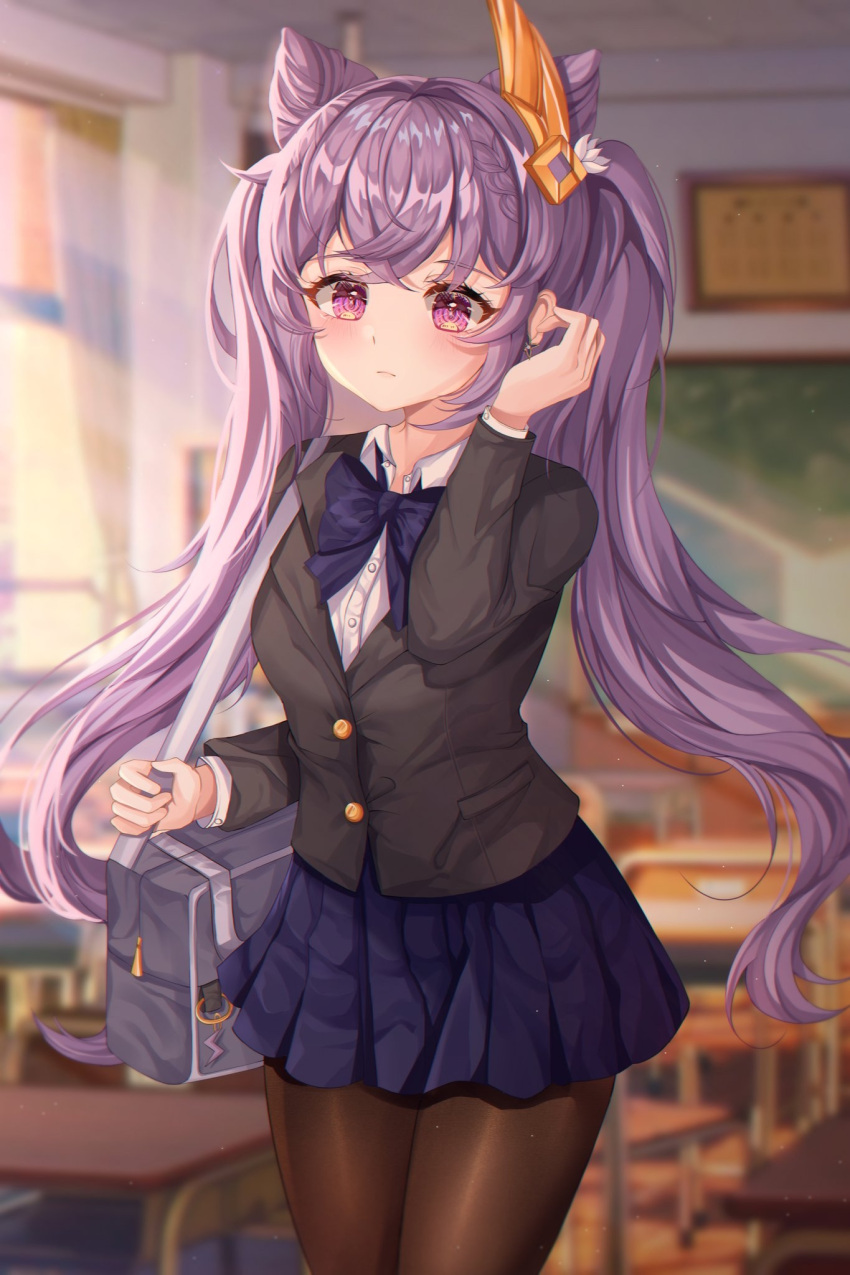 1girl bag black_legwear blue_neckwear blue_skirt blurry blurry_background blush bow bowtie breasts classroom closed_mouth double_bun earrings frown genshin_impact hair_ornament highres jewelry keqing_(genshin_impact) long_hair long_sleeves looking_at_viewer pantyhose pink_eyes pleated_skirt purple_hair school_bag school_uniform shoulder_bag sidelocks skirt solo standing twintails uniform yulha_06