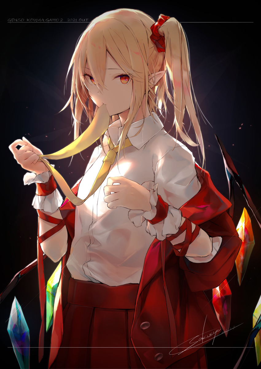 1girl adapted_costume alternate_hairstyle arm_ribbon black_background blonde_hair blouse buttons collared_blouse collared_shirt cowboy_shot crystal dated expressionless flandre_scarlet frilled_cuffs hair_between_eyes highres jacket light_particles looking_at_viewer mouth_hold necktie_in_mouth neckwear_grab no_hat no_headwear off_shoulder older open_clothes open_vest pleated_skirt pointy_ears red_eyes red_jacket red_scrunchie red_skirt red_vest ribbon sakusyo scrunchie shirt short_hair short_sleeves side_ponytail sidelighting sidelocks signature skirt skirt_set slit_pupils solo suit_jacket touhou vest white_blouse white_shirt wing_collar wings wrist_cuffs yellow_neckwear