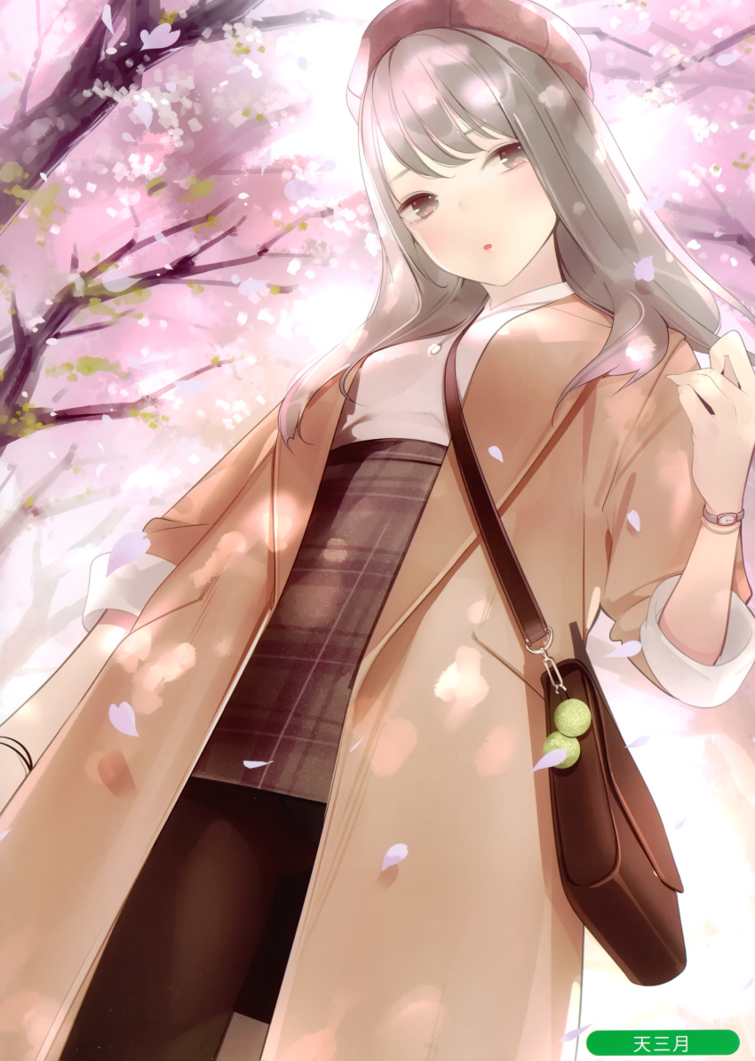 1girl :o absurdres ama_mitsuki arm_at_side artist_name bag bangs beret between_breasts breasts brown_coat brown_legwear brown_skirt cherry_blossoms coat cowboy_shot day dutch_angle eyelashes from_below grey_eyes grey_hair hand_up handbag hat highres jewelry long_coat long_hair long_sleeves looking_at_viewer looking_down medium_breasts melonbooks miniskirt necklace open_clothes open_coat original outdoors pantyhose parted_bangs petals pink_sweater plaid plaid_skirt red_headwear shiny shiny_hair skirt sleeves_rolled_up solo spring_(season) strap_between_breasts sweater sweater_tucked_in tree watch watch wristband