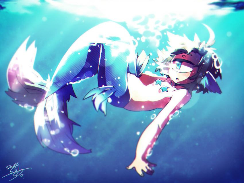 1girl air_bubble black_hair blue_eyes blurry blush bubble cyclops dated depth_of_field fingernails from_side head_fins lying mermaid monster_girl muroku_(aimichiyo0526) on_back one-eyed open_mouth original pasties signature solo star_pasties swimming underwater