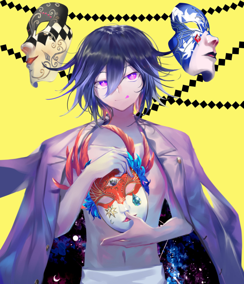 1boy :q bangs black_hair closed_mouth commentary_request dangan_ronpa_(series) dangan_ronpa_v3:_killing_harmony hair_between_eyes highres holding holding_mask jacket jacket_on_shoulders looking_at_viewer male_focus mask mask_removed multicolored_hair navel no_shirt ouma_kokichi pants pink_eyes purple_hair qianhai short_hair simple_background smile solo space_print starry_sky_print tongue tongue_out violet_eyes white_pants yellow_background