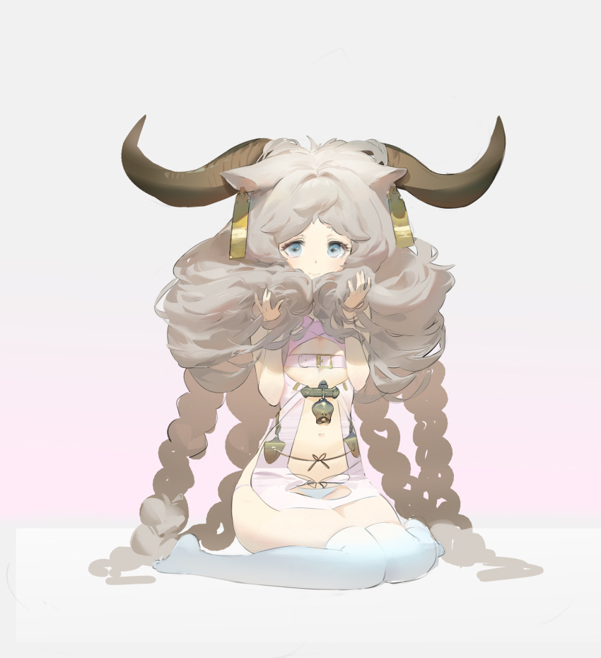 1girl absurdres animal_ears bell belt_buckle blue_eyes braid buckle closed_mouth clothing_cutout cow_ears cow_horns dokshuri earrings flat_chest full_body gradient gradient_background hands_in_hair highres holding holding_hair horns jewelry light_brown_hair long_hair looking_at_viewer navel navel_cutout original panties sitting smile solo thigh-highs underwear very_long_hair wariza white_legwear white_panties
