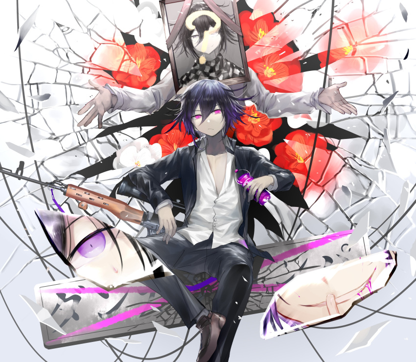 2boys absurdres bangs black_hair black_jacket black_pants blood blood_from_mouth bottle broken_glass brown_footwear checkered checkered_scarf collarbone commentary_request dangan_ronpa_(series) dangan_ronpa_v3:_killing_harmony dress_shirt fanta flower foot_out_of_frame glass gun hair_between_eyes hands_up highres holding holding_bottle holding_weapon iei jacket long_sleeves looking_at_viewer male_focus multiple_boys open_clothes open_jacket open_shirt ouma_kokichi pants pink_eyes qianhai red_flower scarf shirt shoes short_hair sitting smile spoilers sword violet_eyes weapon white_flower white_shirt