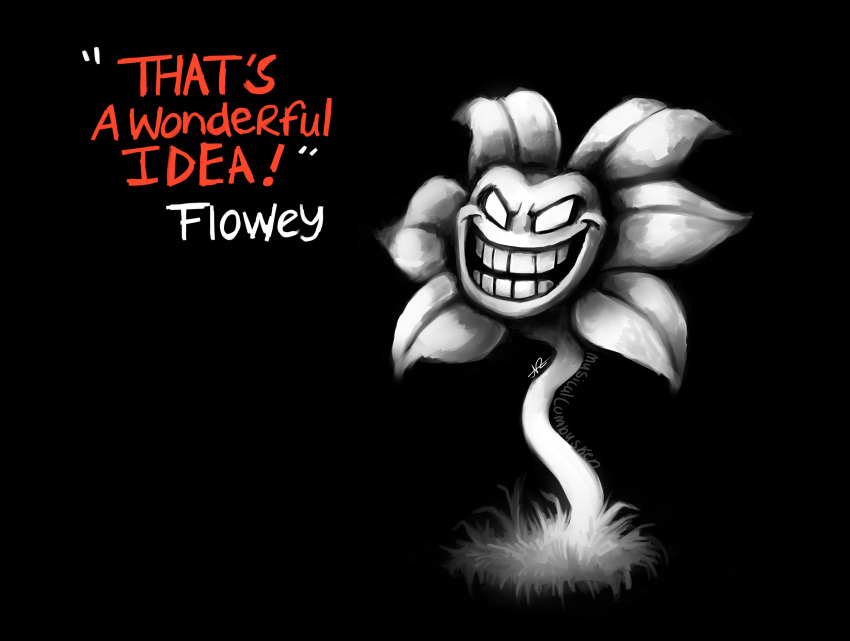 black_background character_name commentary english_commentary english_text evil_grin evil_smile flower flowey_(undertale) grin highres musicalcombusken partially_colored signature simple_background smile undertale