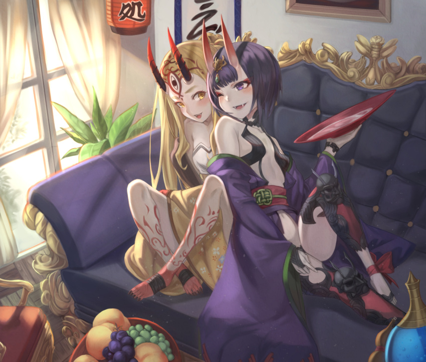 alcohol bangs bare_shoulders blonde_hair blush bob_cut breasts collarbone couch cup eyeliner facial_mark fate/grand_order fate_(series) forehead forehead_mark fruit_bowl hair_pulled_back headpiece horns ibaraki_douji_(fate/grand_order) japanese_clothes kimono long_hair long_sleeves makeup ne.corn off_shoulder oni oni_horns open_mouth purple_hair purple_kimono revealing_clothes sakazuki sake sash short_hair shuten_douji_(fate/grand_order) sitting skin-covered_horns small_breasts smile tattoo violet_eyes wide_sleeves window yellow_eyes yellow_kimono
