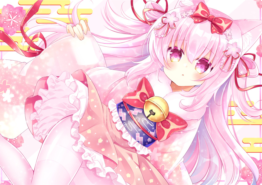 1girl :o azur_lane bangs bell blush bow colored_eyelashes commentary_request diagonal_stripes dutch_angle egasumi eyebrows_visible_through_hair floral_print flower frilled_kimono frills groin hair_between_eyes hair_bow hair_flower hair_ornament highres japanese_clothes jingle_bell kimono kisaragi_(azur_lane) kisaragi_(new_year's_wish)_(azur_lane) long_hair long_sleeves looking_at_viewer obi pantyhose parted_lips pinching_sleeves pink_flower pink_hair pink_kimono print_kimono red_bow sash shikito sleeves_past_wrists solo striped striped_background thighband_pantyhose very_long_hair violet_eyes white_legwear wide_sleeves