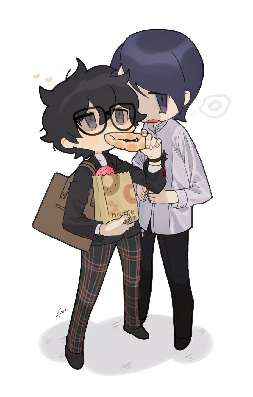 2boys absurdres amamiya_ren bag bangs black_eyes black_hair black_pants btmr_game chibi doughnut eating food glasses hair_between_eyes heart highres holding holding_food jacket kitagawa_yuusuke long_sleeves male_focus multiple_boys open_mouth pants paper_bag persona persona_5 plaid plaid_pants purple_hair school_uniform shadow shirt shoulder_bag shuujin_academy_uniform signature simple_background standing violet_eyes white_background white_shirt