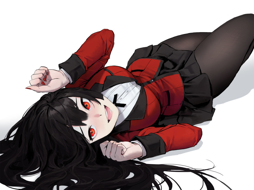 1girl :d bangs black_hair black_legwear black_skirt blunt_bangs blush breasts commentary dongho_kang highres hime_cut hyakkaou_academy_uniform jabami_yumeko jacket kakegurui large_breasts long_hair long_sleeves looking_at_viewer lying miniskirt nail_polish neck_ribbon on_back open_mouth pantyhose paw_pose pleated_skirt red_eyes red_jacket red_nails ribbon school_uniform shirt simple_background skirt smile solo upside-down very_long_hair white_background white_shirt