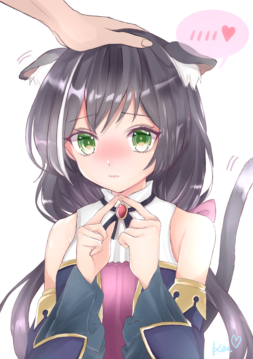 1girl animal_ear_fluff animal_ears artist_name bangs bare_shoulders black_hair black_ribbon blush bow cat_ears cat_girl cat_tail commentary detached_sleeves eyebrows_visible_through_hair fingers_together gem green_eyes hair_bow hand_on_another's_head highres karyl_(princess_connect!) kei_(hidden) long_hair looking_at_viewer multicolored_hair nose_blush petting princess_connect! princess_connect!_re:dive purple_bow ribbon shirt signature spoken_blush streaked_hair tail white_background white_hair white_shirt wide_sleeves