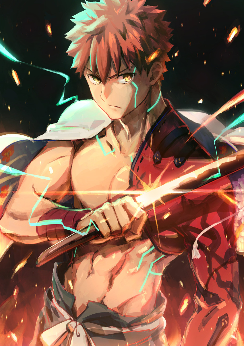 1boy absurdres embers emiya_shirou fate/grand_order fate_(series) glint highres holding holding_sword holding_weapon igote katana limited/zero_over looking_at_viewer male_focus redhead sengo_muramasa_(fate) shirtless solo sword toned toned_male tuto_(mokuchin09) upper_body weapon wristband yellow_eyes