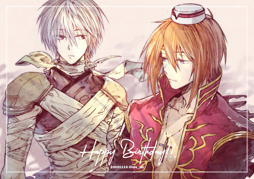 2boys armor assassin_(ragnarok_online) bandaged_arm bandages bangs bare_pecs black_coat blue_eyes brown_hair closed_mouth coat commentary_request cross cross_necklace dated english_text eyebrows_visible_through_hair happy_birthday highres ichimi_(simtysiger) jewelry looking_at_another looking_to_the_side male_focus multiple_boys necklace pauldrons priest_(ragnarok_online) purple_shirt ragnarok_online red_coat red_eyes scarf shirt short_hair shoulder_armor two-tone_coat upper_body white_hair white_headwear white_scarf