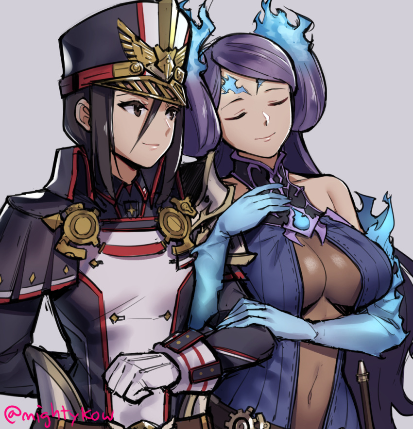 2girls arm_hug black_hair blue_gloves blue_hair breasts brighid_(xenoblade) closed_eyes double_bun elbow_gloves fiery_hair ge-b gloves grey_background hat military military_hat military_uniform morag_ladair_(xenoblade) multiple_girls smile uniform upper_body white_gloves xenoblade_chronicles_(series) xenoblade_chronicles_2 yuri