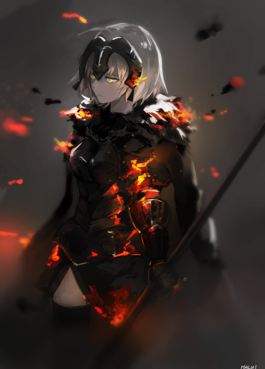 1girl ahoge armor armored_dress artist_name bad_id bad_twitter_id bangs black_legwear blurry breastplate breasts cape closed_mouth fate/grand_order fate_(series) fur fur-trimmed_cape fur_collar fur_trim gauntlets grey_background halui1530 headpiece highres holding holding_spear holding_weapon jeanne_d'arc_(alter)_(fate) jeanne_d'arc_(fate)_(all) looking_away looking_down looking_to_the_side polearm short_hair silver_hair solo spear thigh-highs weapon yellow_eyes