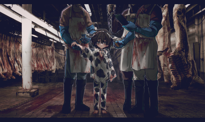 1girl 3boys absurdres animal_ears animal_print apron barefoot black_footwear blind blind_girl_(popopoka) blood bloody_clothes blue_gloves boots brown_hair carcass chain child chinese_zodiac clipboard collar commentary cow_ears cow_print ear_clip elbow_gloves english_commentary fake_animal_ears gloves grey_eyes grey_pants hairband height_difference highres holding injection letterboxed long_sleeves metal_collar multiple_boys original pants pants_tucked_in parted_lips popopoka rubber_gloves shirt solo_focus syringe year_of_the_ox
