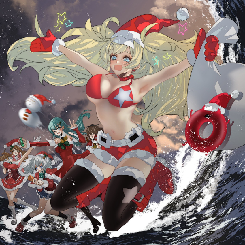 5girls abyssal_ship anno88888 aqua_hair bangs bell bikini bikini_top black_legwear blonde_hair blue_eyes boots breasts brown_hair christmas closed_eyes detached_sleeves dress enemy_lifebuoy_(kantai_collection) fur_trim hair_ornament hat highres holding holding_sack kantai_collection kashima_(kantai_collection) knee_boots kneehighs kumano_(kantai_collection) large_breasts littorio_(kantai_collection) long_hair mittens multiple_girls one_eye_closed open_clothes open_mouth outdoors party_popper pleated_skirt red_bikini red_dress red_footwear red_mittens red_shorts sack santa_hat shorts silver_hair skirt sky snowman star_(symbol) suzuya_(kantai_collection) swimsuit the_roma-like_snowman thigh-highs twintails water