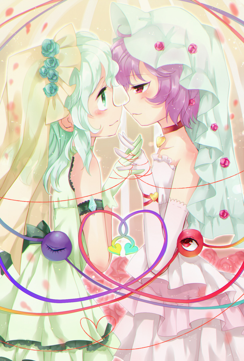 2girls armband blush bridal_veil commentary_request crystal dress eye_contact flower green_eyes green_hair heart highres incest interlocked_fingers kanonari komeiji_koishi komeiji_satori looking_at_another medium_hair multiple_girls partial_commentary pink_hair red_eyes rose short_hair siblings sisters string string_of_fate third_eye touhou veil wedding_dress wife_and_wife yuri