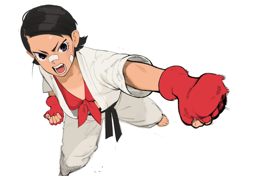 1girl bandaid bandaid_on_cheek bandaid_on_nose barefoot belt black_belt black_hair breasts clenched_hands commentary conto dougi english_commentary fingerless_gloves from_above front-tie_top full_body gloves highres kaida_(conto) karate karate_gi one-piece_tan original punching red_gloves short_eyebrows short_hair small_breasts solo tan tanline tomboy violet_eyes white_background