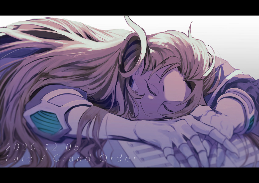 1boy absurdres blonde_hair closed_eyes copyright_name dated english_text fate/grand_order fate_(series) gloves highres huge_filesize kimidorix32 long_hair long_sleeves lying male_focus no_headwear on_stomach sleeping smile solo upper_body very_long_hair white_gloves wolfgang_amadeus_mozart_(fate/grand_order)