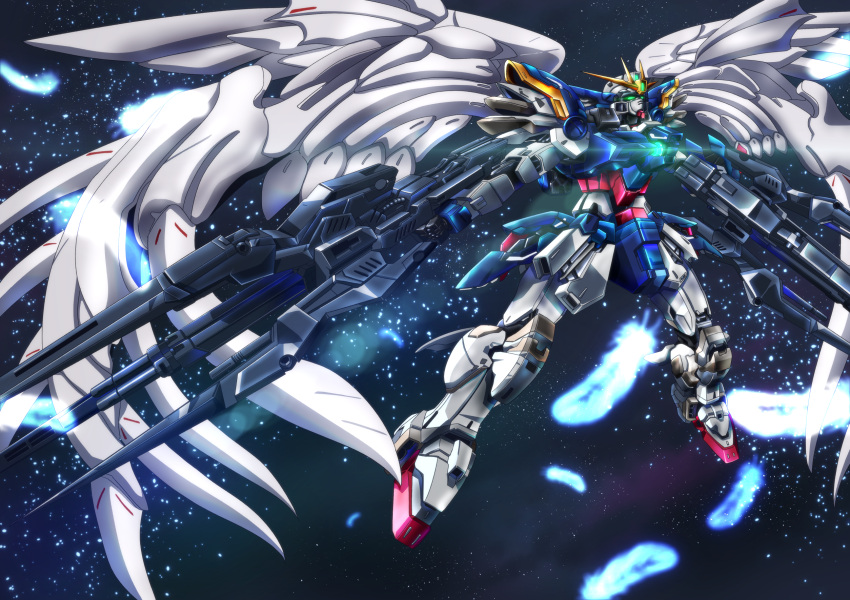 dual_wielding feathers floating glowing glowing_eyes green_eyes gun gundam gundam_wing gundam_wing_endless_waltz highres holding holding_gun holding_weapon looking_up mecha no_humans solo space star_(sky) tyuuboutyauyo v-fin weapon wing_gundam_zero_custom wings