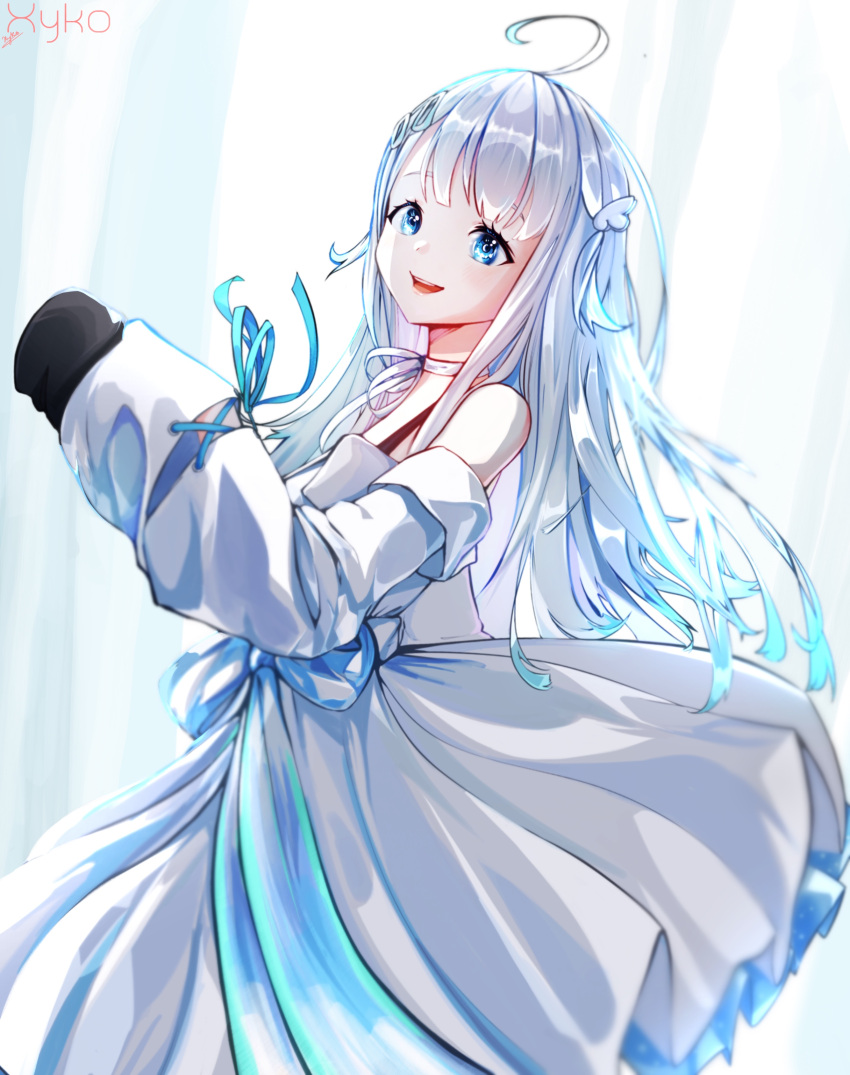 1girl absurdres ahoge amatsuka_uto angel_wings bangs bare_shoulders blue_eyes blue_hair detached_sleeves dip-dyed_hair dress eyebrows_visible_through_hair flowing_dress hair_ornament hairclip halter_dress halter_top halterneck highres indie_virtual_youtuber layered_dress long_hair long_sleeves looking_at_viewer off-shoulder_dress off_shoulder open_mouth ribbon simple_background sleeves_past_wrists smile solo teeth twintails virtual_youtuber wings xykoaku