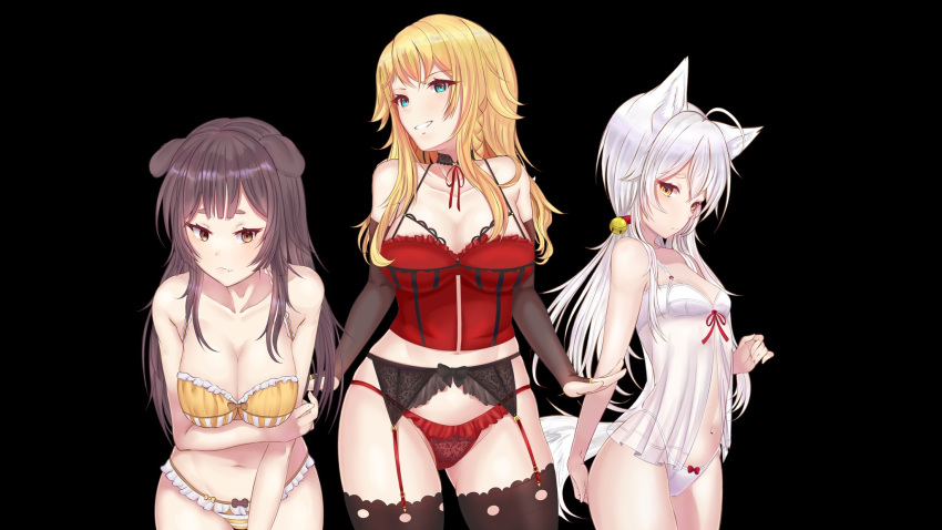 3girls animal_ears bangs black_background blonde_hair blue_eyes bra braid breasts brown_eyes brown_hair choker dog_ears dog_girl english_commentary fang fox_ears fox_girl frilled_bra frilled_panties frills highres hoshino_char inukai_purin kamiko_kana large_breasts lingerie long_hair looking_at_viewer looking_down looking_to_the_side medium_breasts medium_hair multicolored_hair multiple_girls pandas_(atpandas) panties red_panties redhead skin_fang small_breasts smile streaked_hair thigh-highs tsunderia underwear virtual_youtuber white_bra white_hair white_panties yellow_bra yellow_panties