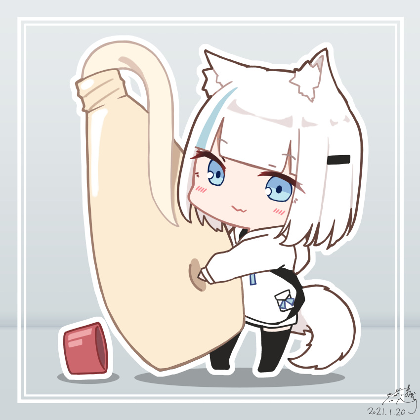 1girl :3 absurdres animal_ear_fluff animal_ears bangs black_legwear blue_eyes blue_hair blush bottle chibi closed_mouth commentary_request dated eyebrows_visible_through_hair grey_background hair_ornament hairclip highres holding holding_bottle hood hood_down hoodie long_sleeves looking_at_viewer mayogii mayonnaise mayonnaise_bottle multicolored_hair no_shoes original outline puffy_long_sleeves puffy_sleeves signature solo standing streaked_hair tail thigh-highs white_hair white_hoodie white_outline