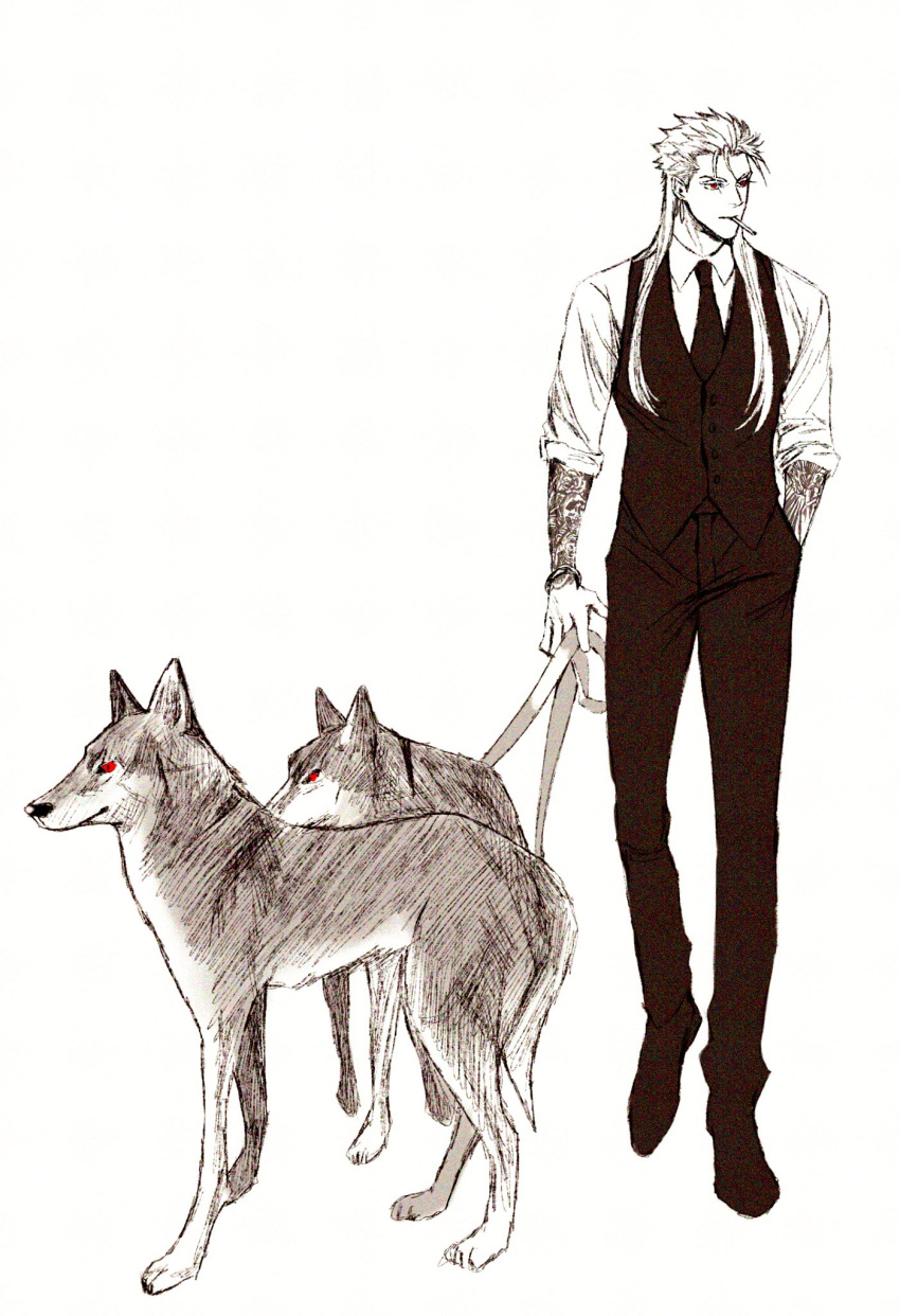 1boy 2others alternate_costume animal arm_tattoo bracelet closed_mouth collared_shirt cu_chulainn_(fate)_(all) cu_chulainn_(fate/grand_order) dog fate/grand_order fate_(series) formal full_body highres holding holding_leash jewelry leash long_hair looking_to_the_side male_focus moratori_amu multiple_others necktie pants red_eyes shirt simple_background sleeves_rolled_up tattoo type-moon vest walking white_background
