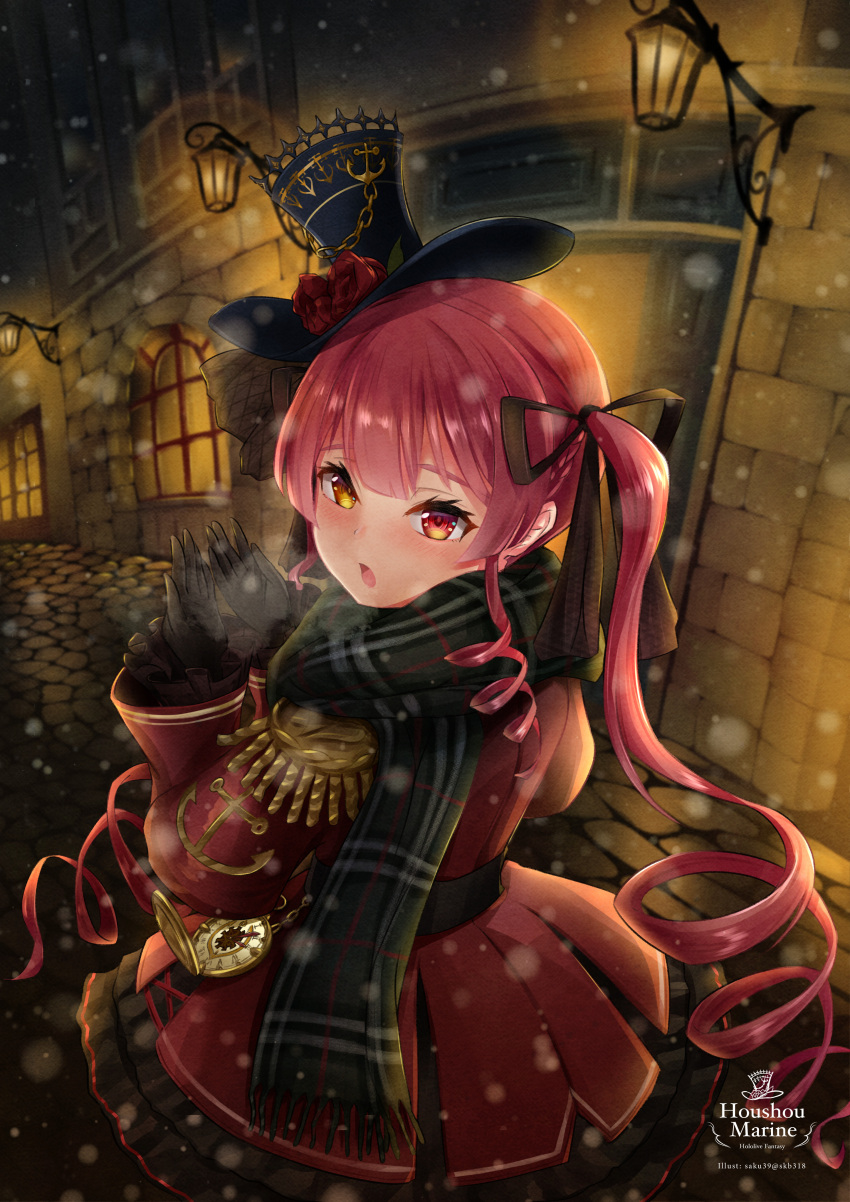 1girl absurdres anchor_symbol arms_up artist_name black_gloves black_skirt breath building character_name city coat cobblestone commentary_request cowboy_shot epaulettes fisheye gloves gothic_lolita hair_ribbon hat heterochromia highres hololive houshou_marine lamppost lolita_fashion looking_at_viewer looking_back mini_hat mini_top_hat night open_mouth plaid plaid_scarf pocket_watch red_coat red_eyes redhead ribbon roman_numeral saku39_(skb318) scarf short_hair_with_long_locks skirt snowing solo standing top_hat twintails virtual_youtuber watch yellow_eyes