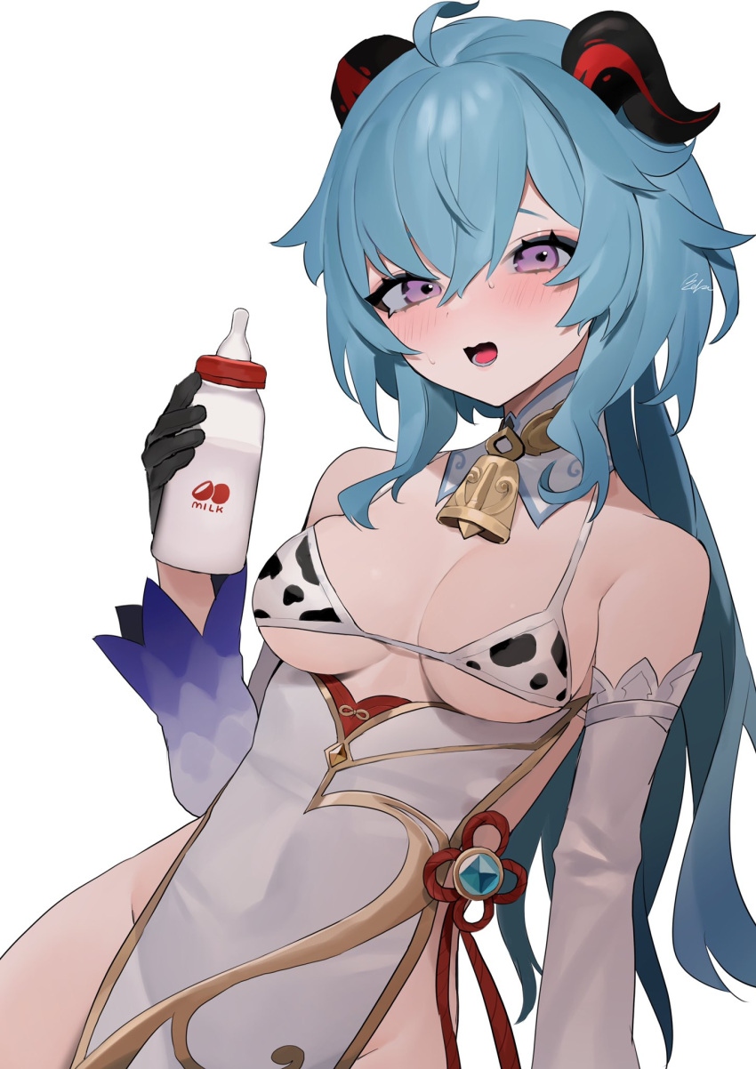 1girl ahoge baby_bottle bangs bare_shoulders bebe_pp bikini black_gloves blue_hair bottle breasts commentary curled_horns detached_collar detached_sleeves ganyu_(genshin_impact) genshin_impact gloves goat_horns hair_between_eyes hand_up highres holding holding_bottle horns long_hair looking_at_viewer lower_teeth milk no_panties open_mouth simple_background solo sweat swimsuit tongue under_boob violet_eyes vision_(genshin_impact) wavy_mouth white_background white_bikini