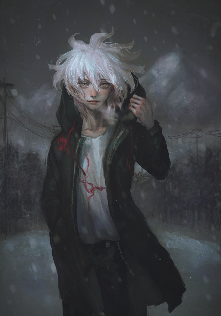 1boy absurdres akiko_141 bangs black_jacket black_pants coat collarbone cowboy_shot dangan_ronpa_(series) dangan_ronpa_2:_goodbye_despair grey_eyes hair_between_eyes hand_in_pocket hand_up highres hood hood_down hoodie jacket komaeda_nagito long_sleeves looking_at_viewer male_focus messy_hair mountain night open_clothes open_coat outdoors pants power_lines print_shirt shirt smile snow snowing solo utility_pole white_hair white_shirt