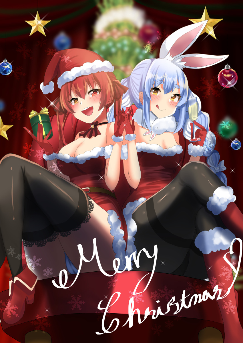 2girls :d abi_(abimel10) absurdres alcohol alternate_costume animal_ear_fluff animal_ears bangs bare_shoulders black_legwear blue_hair blurry blurry_background blush boots braid breasts carrot_hair_ornament champagne champagne_flute christmas christmas_tree commentary_request crossed_legs cup don-chan_(usada_pekora) drinking_glass eyebrows_visible_through_hair food_themed_hair_ornament fur_trim gift gloves hair_ornament hat heterochromia highres holding hololive houshou_marine large_breasts long_hair looking_at_viewer medium_breasts merry_christmas multicolored_hair multiple_girls open_mouth ornament panties panties_under_pantyhose pantyhose partial_commentary rabbit_ears red_eyes red_gloves red_legwear red_shirt redhead ribbon santa_costume santa_hat shirt sitting smile thick_eyebrows thigh-highs thighband_pantyhose thighs tongue tongue_out twin_braids twintails two-tone_hair underwear usada_pekora virtual_youtuber white_hair yellow_eyes