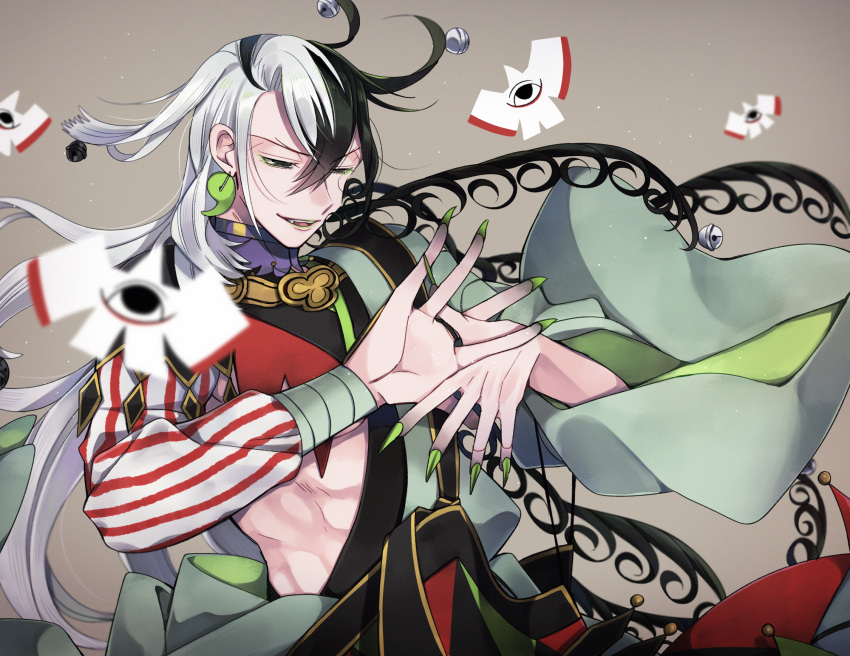 1boy abs ashiya_douman_(fate) asymmetrical_clothes asymmetrical_hair bell black_eyes black_hair curly_hair earrings falling fate/grand_order fate_(series) fingernails floating floating_object green_eyeshadow green_kimono green_lipstick green_nails hair_bell hair_between_eyes hair_intakes hair_ornament hand_gesture highres japanese_clothes jewelry kimono lipstick long_hair magatama magatama_earrings makeup male_focus multicolored_hair open_clothes open_kimono paruma_umu ribbed_sleeves sharp_fingernails shikigami smile solo toned toned_male two-tone_hair very_long_fingernails very_long_hair white_hair