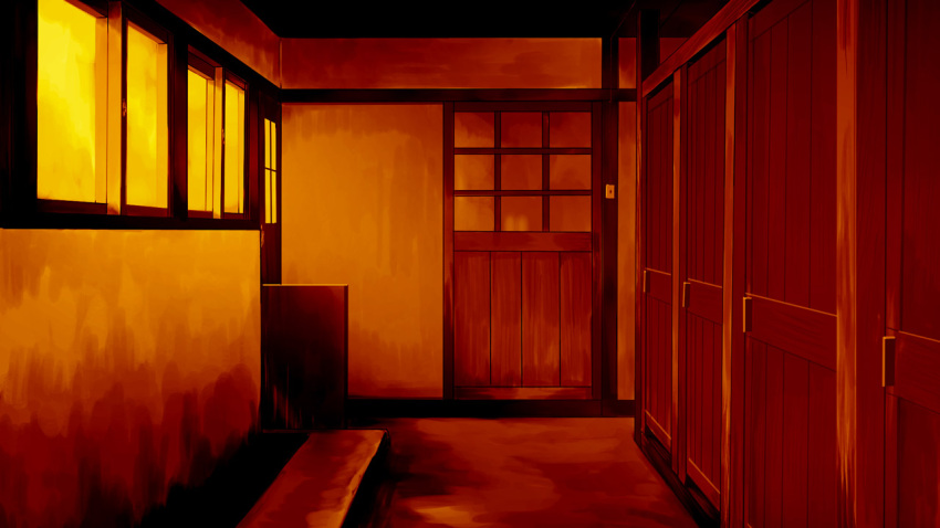 architecture bathroom commentary_request door east_asian_architecture indoors kajiji no_humans original scenery sunset window wooden_ceiling