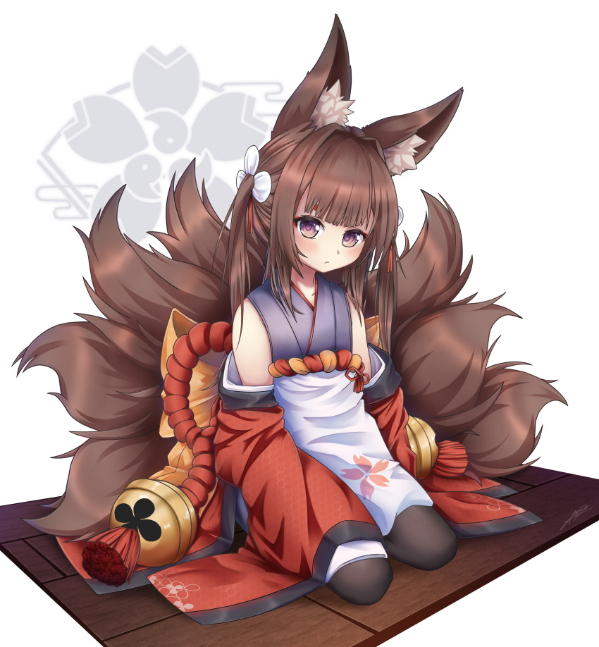1girl absurdres amagi-chan_(azur_lane) animal_ears azur_lane bangs bell black_legwear blunt_bangs brown_hair commentary english_commentary fox_ears fox_girl fox_tail hair_ribbon head_tilt highres huge_filesize kyuubi long_hair long_sleeves looking_at_viewer multiple_tails nix_(lolowatatwarz) pantyhose ribbon rope sakura_empire_(emblem) seiza shimenawa sidelocks simple_background sitting sleeves_past_wrists solo tail thick_eyebrows twintails violet_eyes white_background wide_sleeves wooden_floor