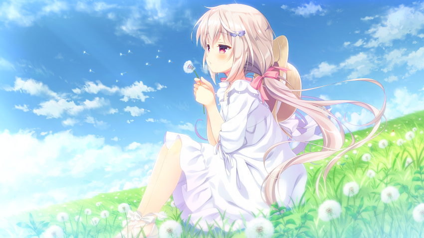 1girl bangs blowing dandelion day dress flower game_cg highres hokenshitsu_no_sensei_to_shabondama_chuudoku_no_joshu holding long_hair official_art on_grass on_ground outdoors santa_matsuri shirobana sitting sleeves_past_elbows solo twintails white_dress white_hair