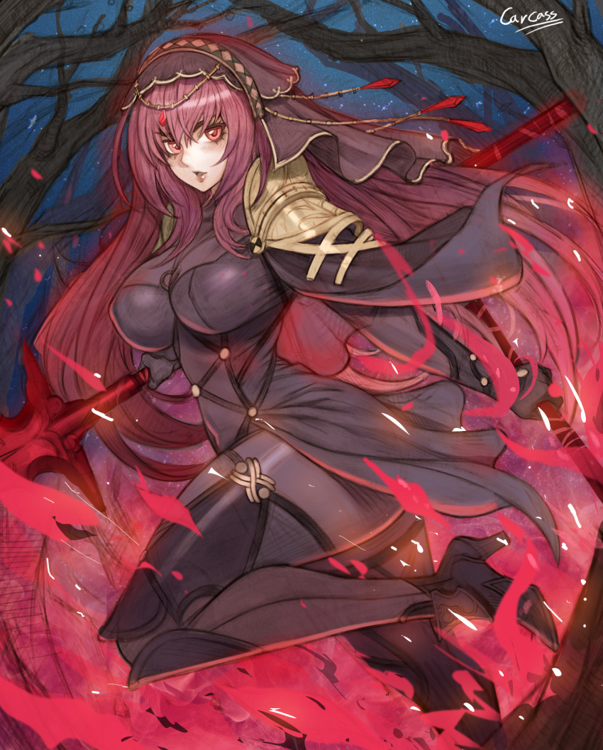 1girl armor aura bangs bodysuit breasts carcass_(artist) chain fate/grand_order fate_(series) forest gae_bolg gem gold gold_armor gold_chain high_heels highres holding jewelry large_breasts long_hair nature night night_sky open_mouth pantyhose polearm red_eyes scathach_(fate)_(all) scathach_skadi_(fate/grand_order) shoulder_armor sky solo spear star_(sky) starry_sky veil violet_eyes weapon