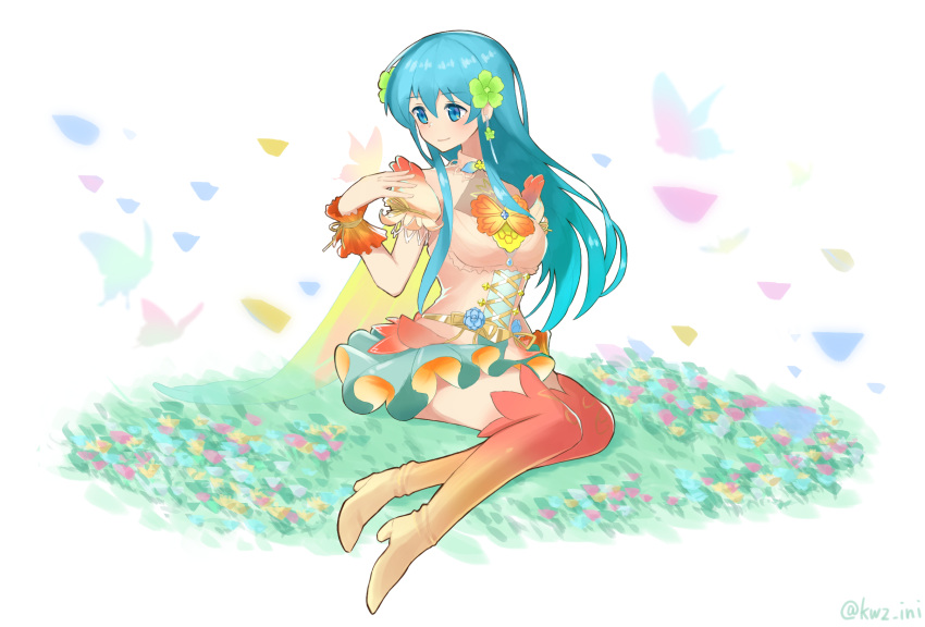 1girl aqua_eyes aqua_hair bangs boots bracelet breasts bug butterfly dress earrings eirika_(fire_emblem) field fire_emblem fire_emblem:_the_sacred_stones fire_emblem_heroes flower flower_earrings flower_field full_body hair_between_eyes hair_flower hair_ornament highres insect jewelry kawazu_(pixiv22469761) long_hair medium_breasts simple_background sitting skirt smile solo thigh-highs thigh_boots wrist_cuffs zettai_ryouiki