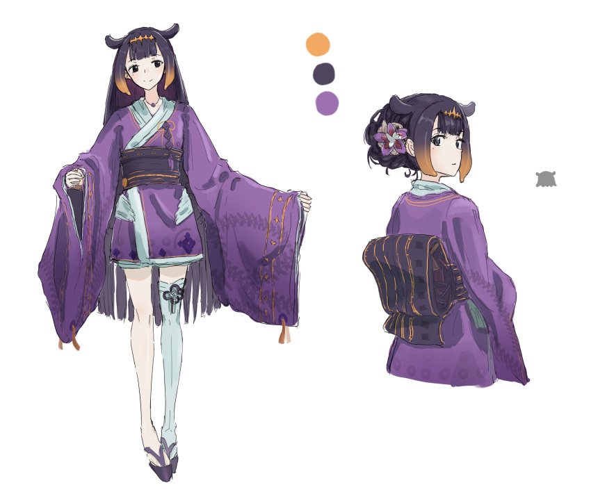 1girl absurdres alternate_costume alternate_hairstyle black_eyes black_hair cropped_torso flower from_behind hair_bun hair_flower hair_ornament highres hololive hololive_english japanese_clothes kimono long_hair looking_at_viewer looking_back multiple_views ninomae_ina'nis palette platform_footwear purple_flower purple_kimono single_thighhigh smile tako_(ninomae_ina'nis) tentacle_hair thigh-highs very_long_hair virtual_youtuber waneyeye white_background wings yukata