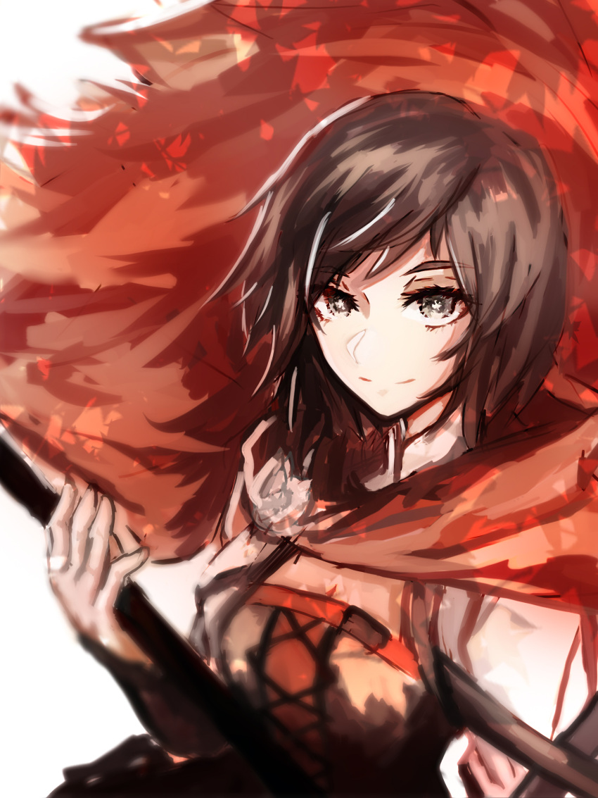 1girl black_hair bodice breasts cape emblem eyebrows_visible_through_hair eyes_visible_through_hair gradient_hair grey_eyes hand_up highres holding long_sleeves looking_at_viewer mpka_yt multicolored_hair red_cape redhead ruby_rose rwby short_hair simple_background smile solo two-tone_hair white_background