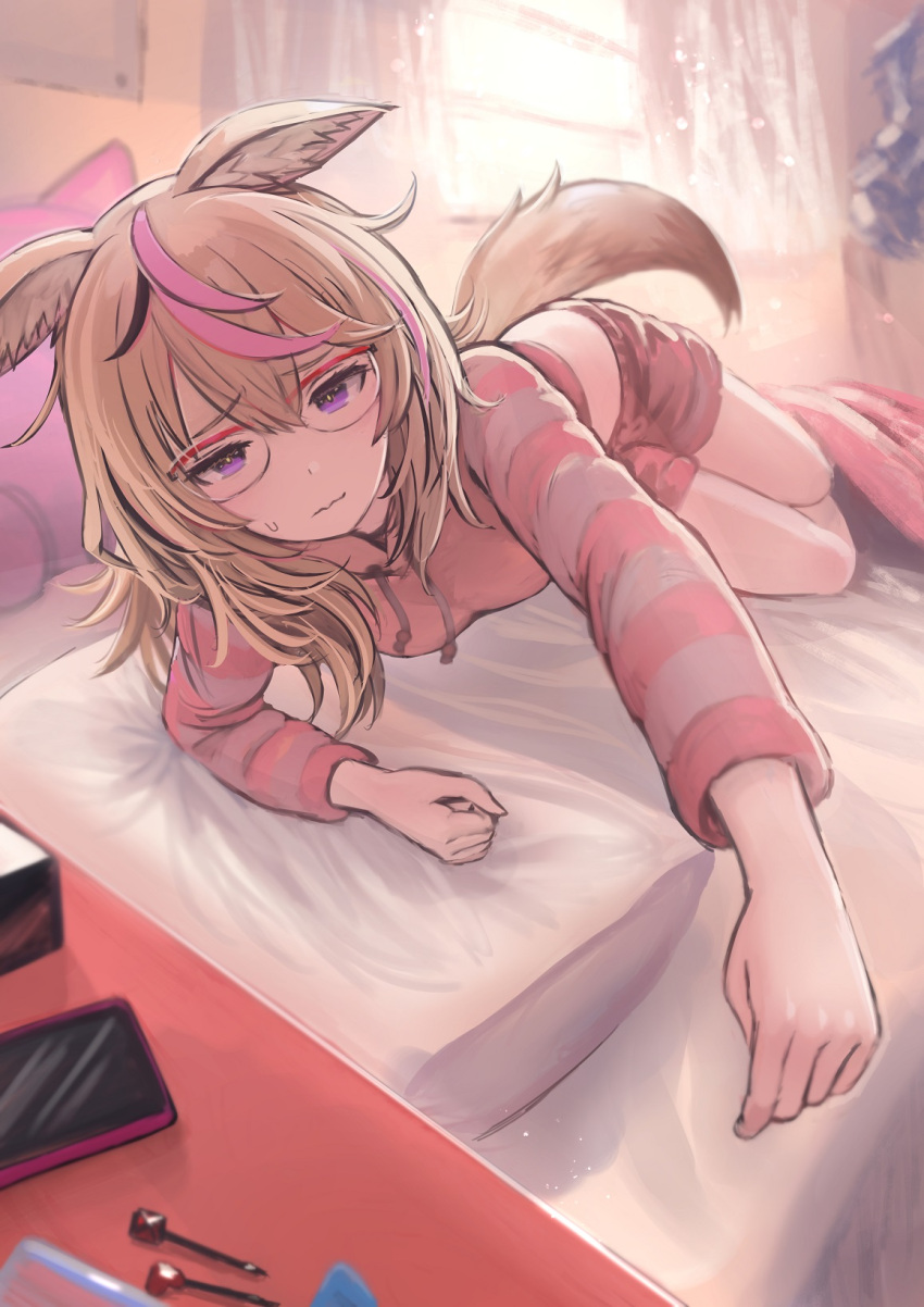 1girl animal_ears arm_support bangs blanket blush breasts cellphone closed_mouth commentary_request curtains day enumiyan eyebrows_visible_through_hair furrowed_eyebrows glasses hair_between_eyes highres hololive hood hoodie indoors light_brown_hair long_hair long_sleeves looking_at_viewer lying midriff multicolored_hair omaru_polka on_bed on_side outstretched_arm pajamas phone pink_hoodie pink_shorts shorts small_breasts smartphone solo streaked_hair striped striped_hoodie sweat table tail violet_eyes virtual_youtuber wall wavy_mouth window
