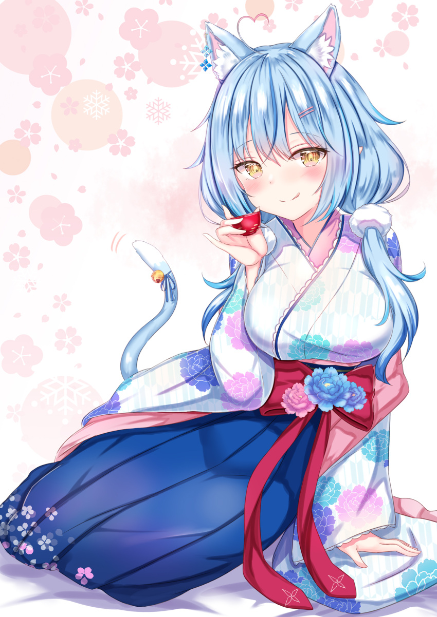 :p ahoge alternate_costume alternate_hairstyle animal_ears blue_hair blush breasts cat_ears cat_tail cup flower hair_ornament hairclip highres hololive japanese_clothes kimono large_breasts long_hair low_twintails sakazuki sitting tail tongue tongue_out twintails virtual_youtuber yellow_eyes yuano yukihana_lamy